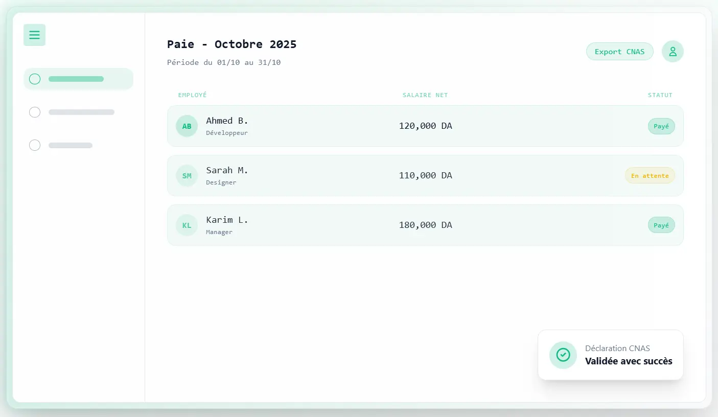 Dashboard du logiciel de paie Ratib pour le calcul IRG, CNAS et la gestion RH en Algérie